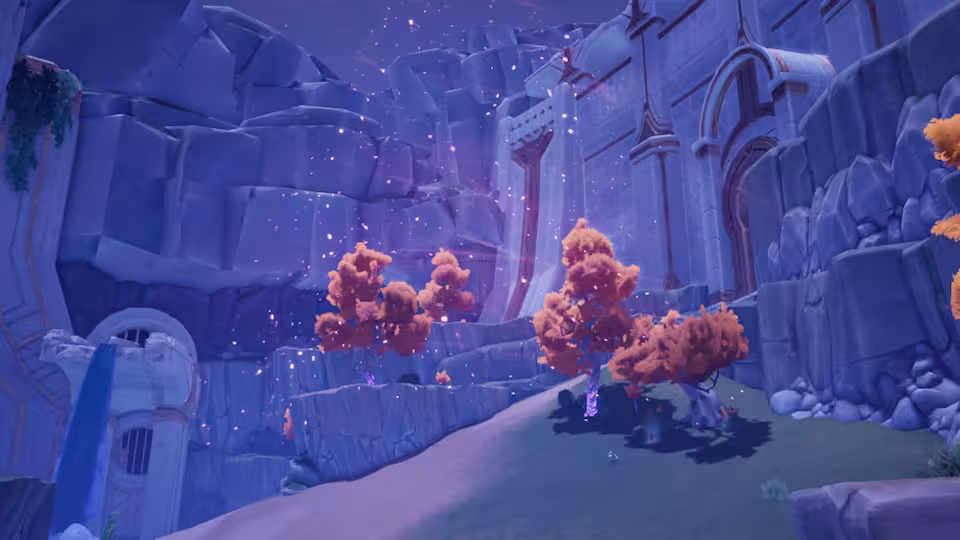 A flow tree grove in Palia where players gather for a party.